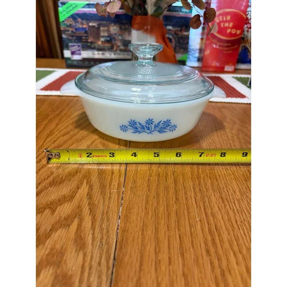 Vintage Pyrex Blue Cornflower Round Casserole Dish with Glass Lid Milk Glass